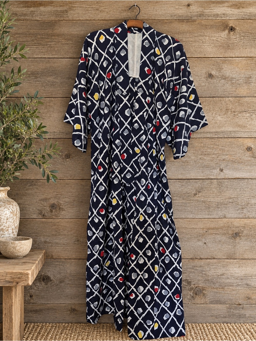 Navy Geometric Print Long Cotton Kimono Robe Ivory Red Yellow